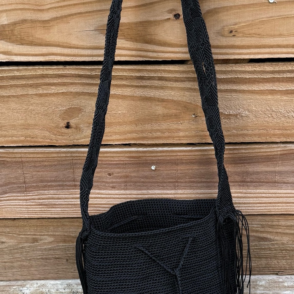 Hand Woven Black Cinch / Shoulder Bag with Tassles